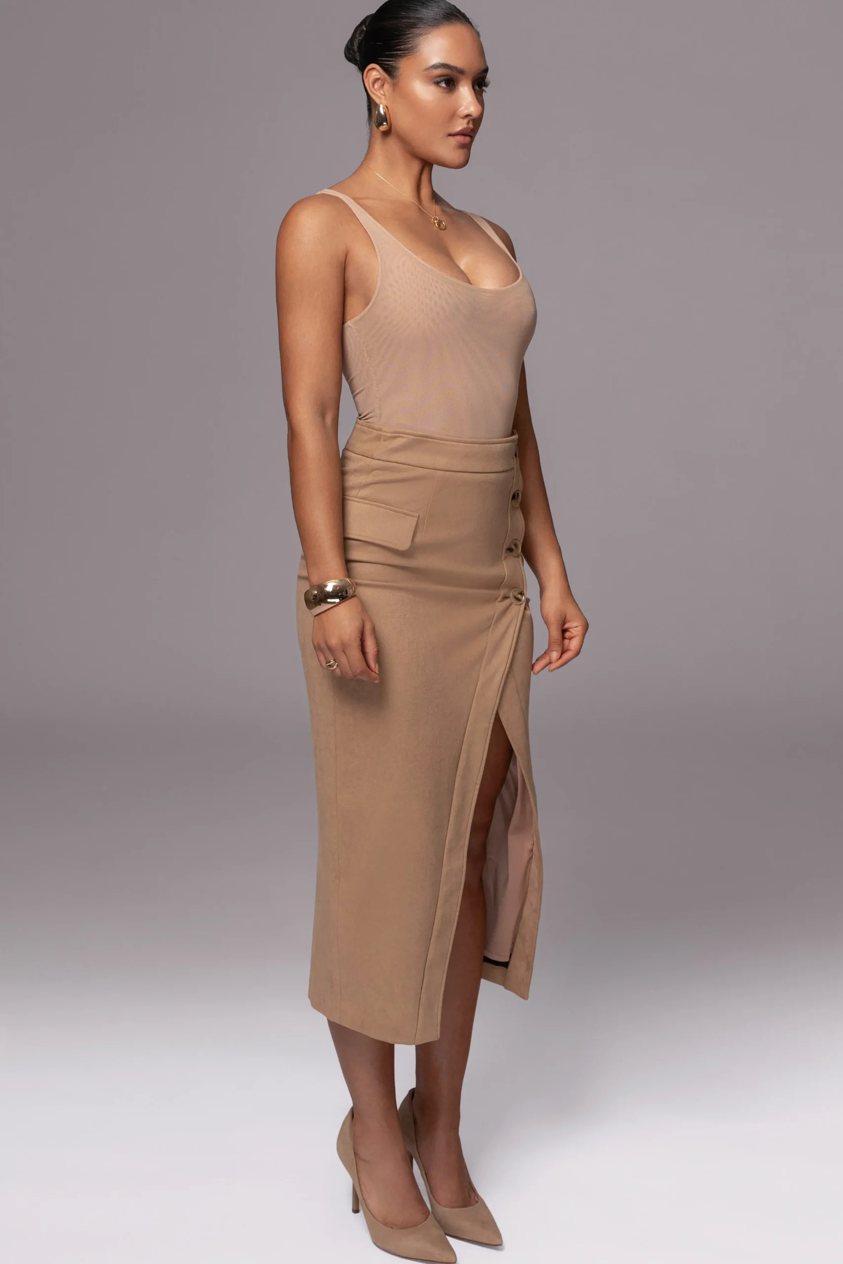 JLUXLABEL Beige Audrey Suede Midi Skirt