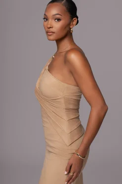 JLUXLABEL Beige Dayanna Suede Midi Dress