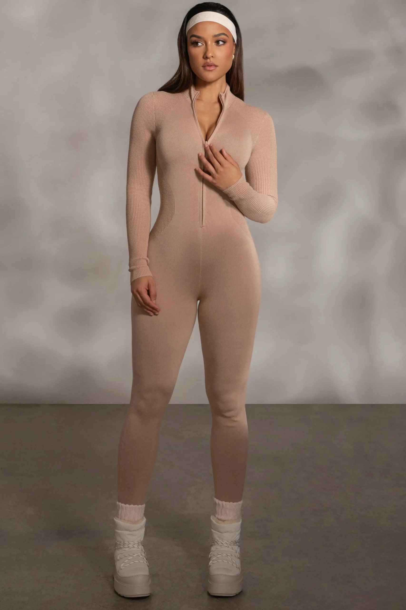 JLUXLABEL Beige Kris Front Zipper Jumpsuit