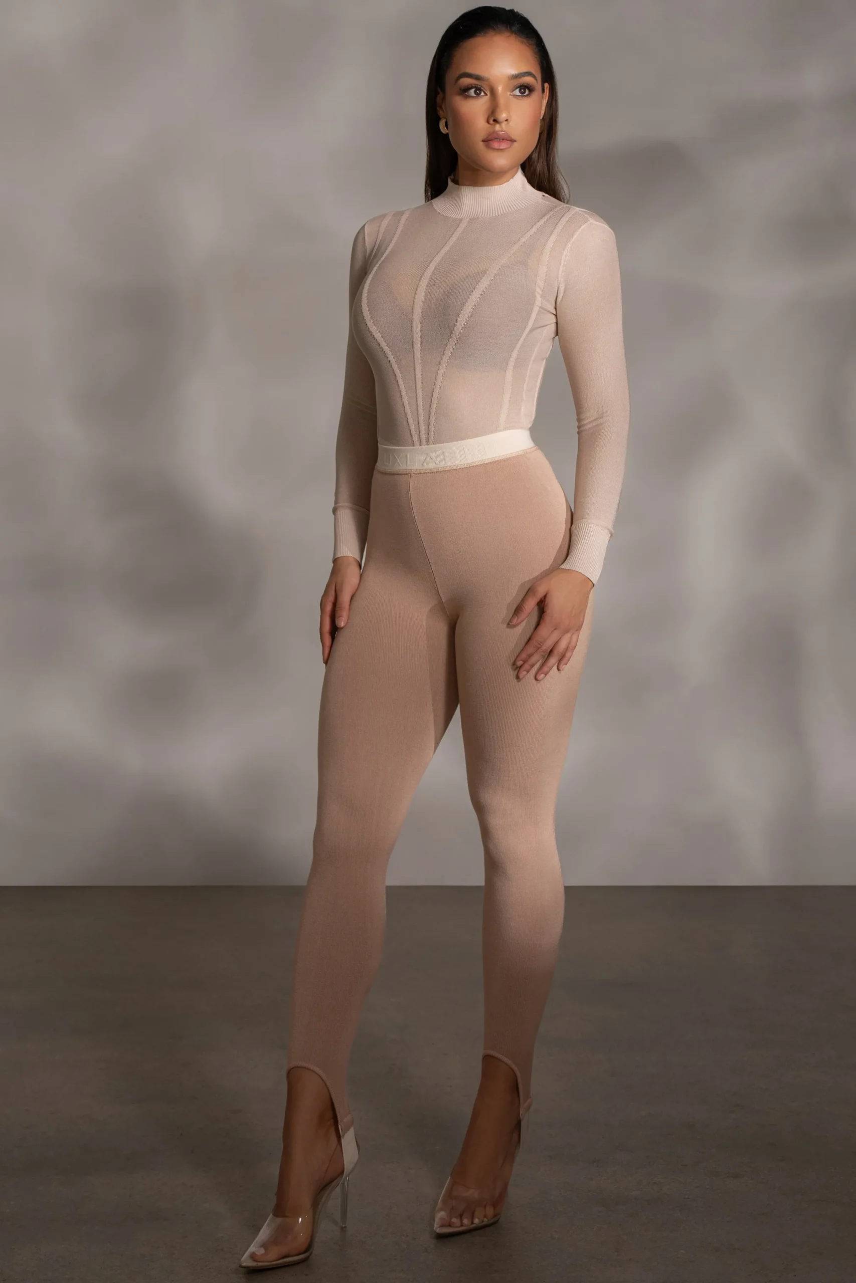JLUXLABEL Beige Lori Sheer Knit Bodysuit