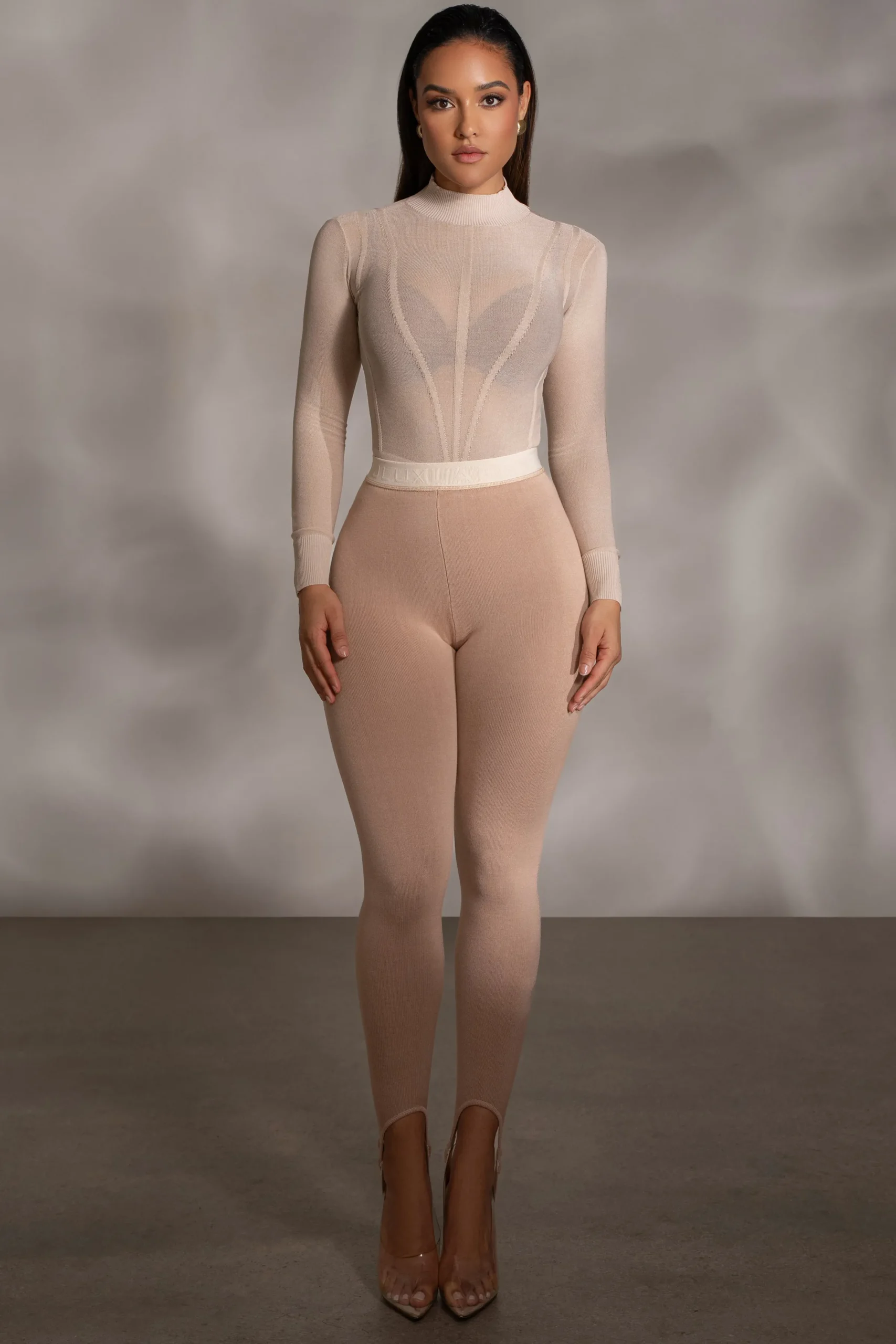 JLUXLABEL Beige Lori Sheer Knit Bodysuit