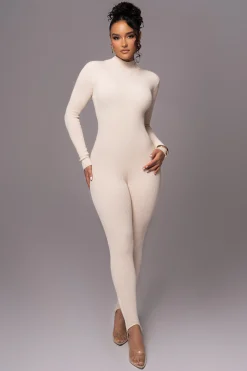 JLUXLABEL Beige Minna Mock Neck Jumpsuit