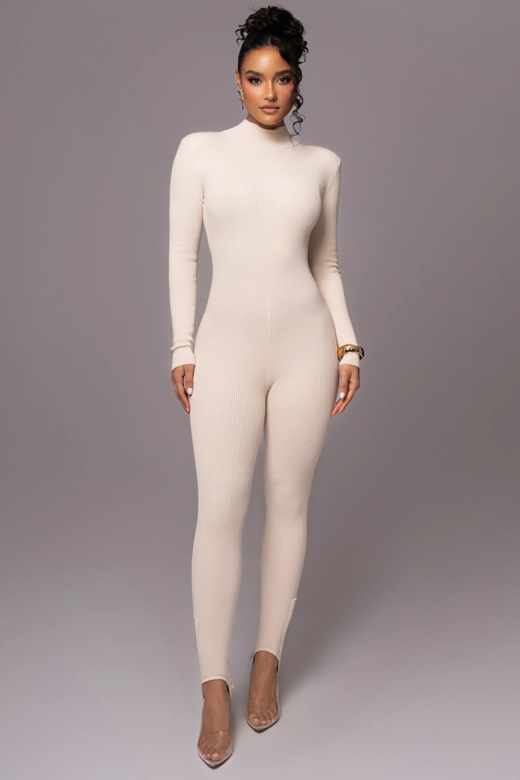 JLUXLABEL Beige Minna Mock Neck Jumpsuit