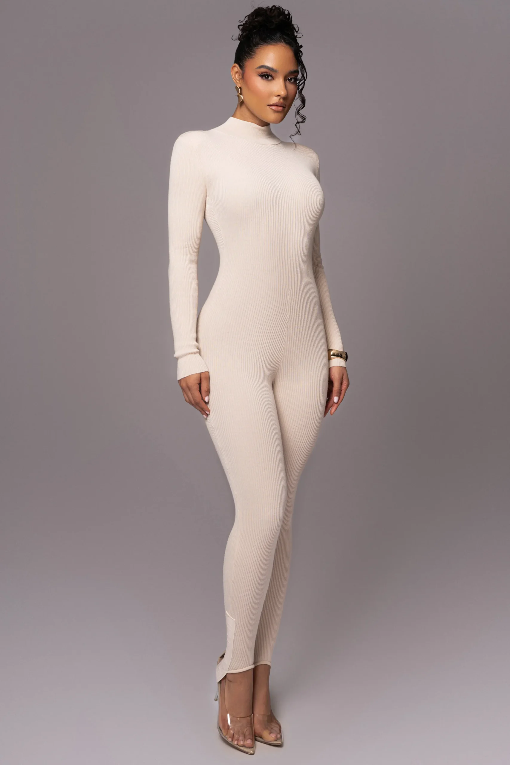 JLUXLABEL Beige Minna Mock Neck Jumpsuit