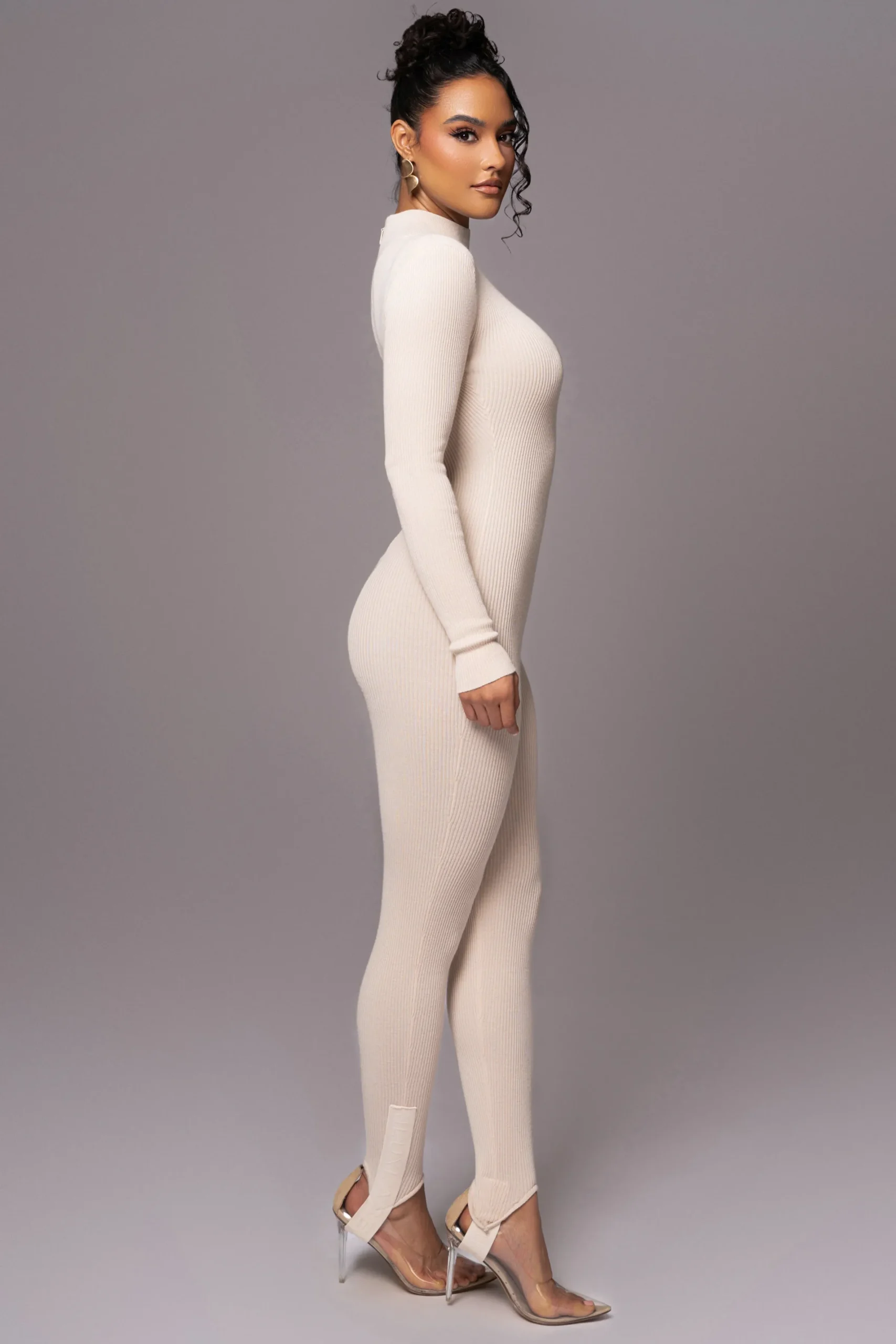 JLUXLABEL Beige Minna Mock Neck Jumpsuit