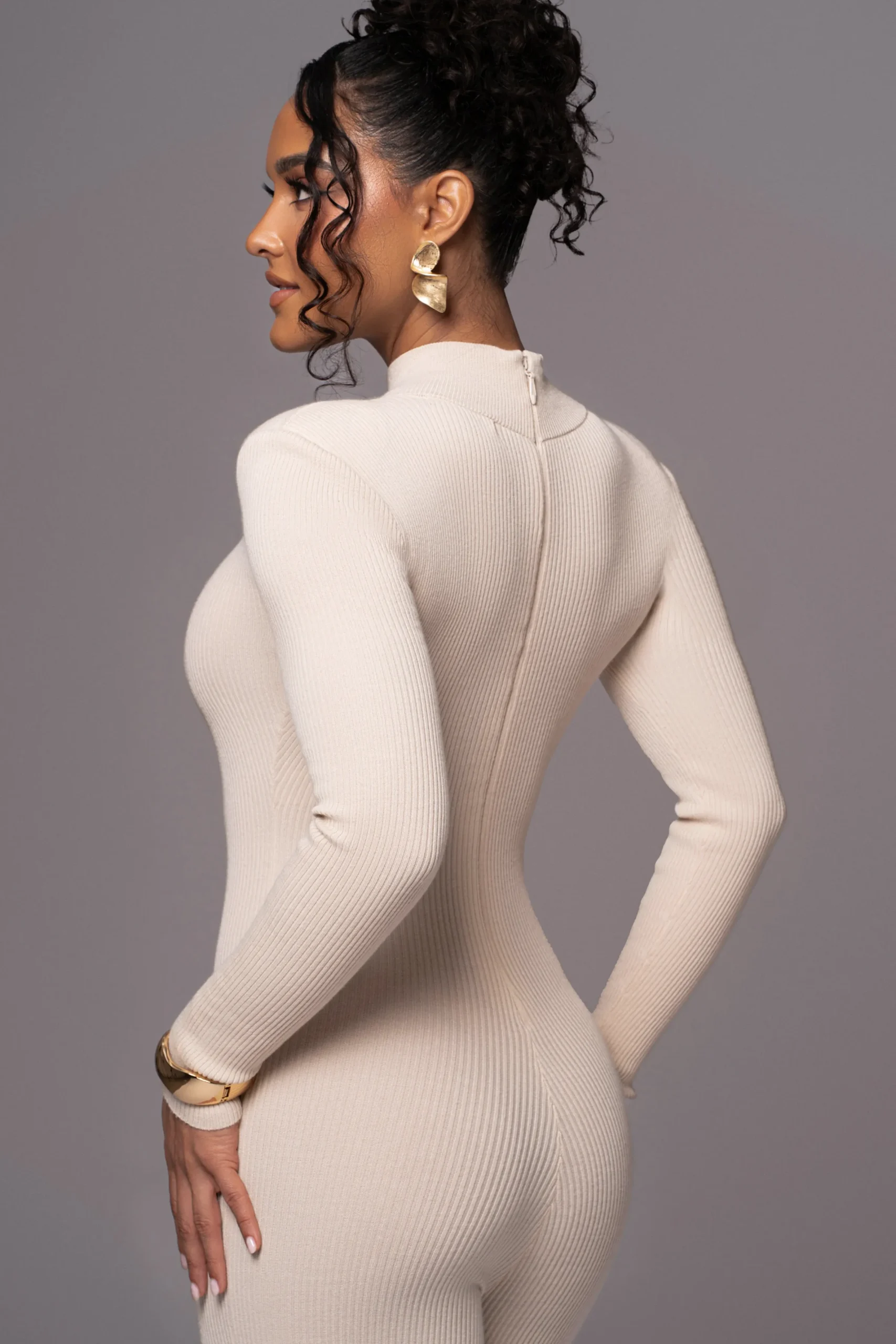 JLUXLABEL Beige Minna Mock Neck Jumpsuit
