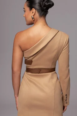 JLUXLABEL Beige One Shoulder Suede Blazer Dress