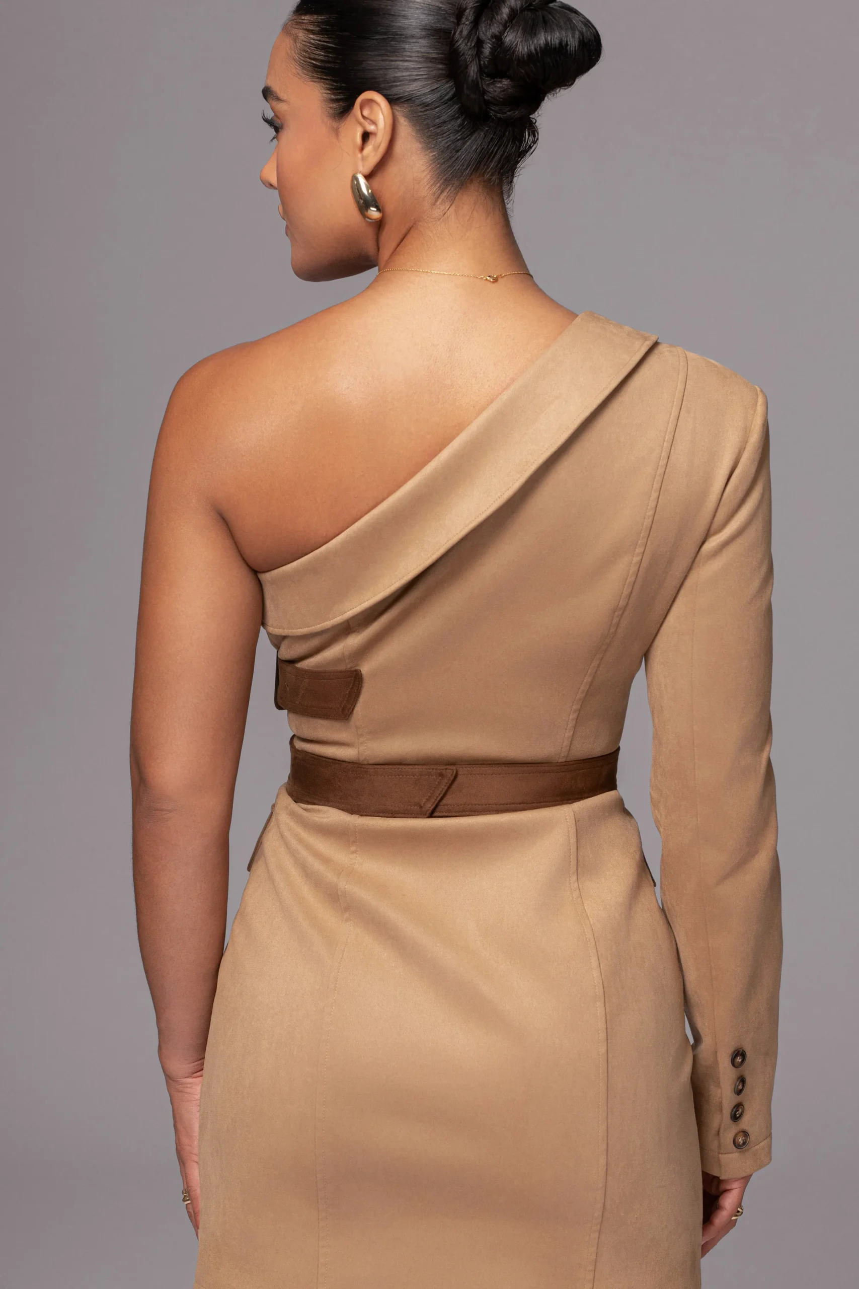 JLUXLABEL Beige One Shoulder Suede Blazer Dress