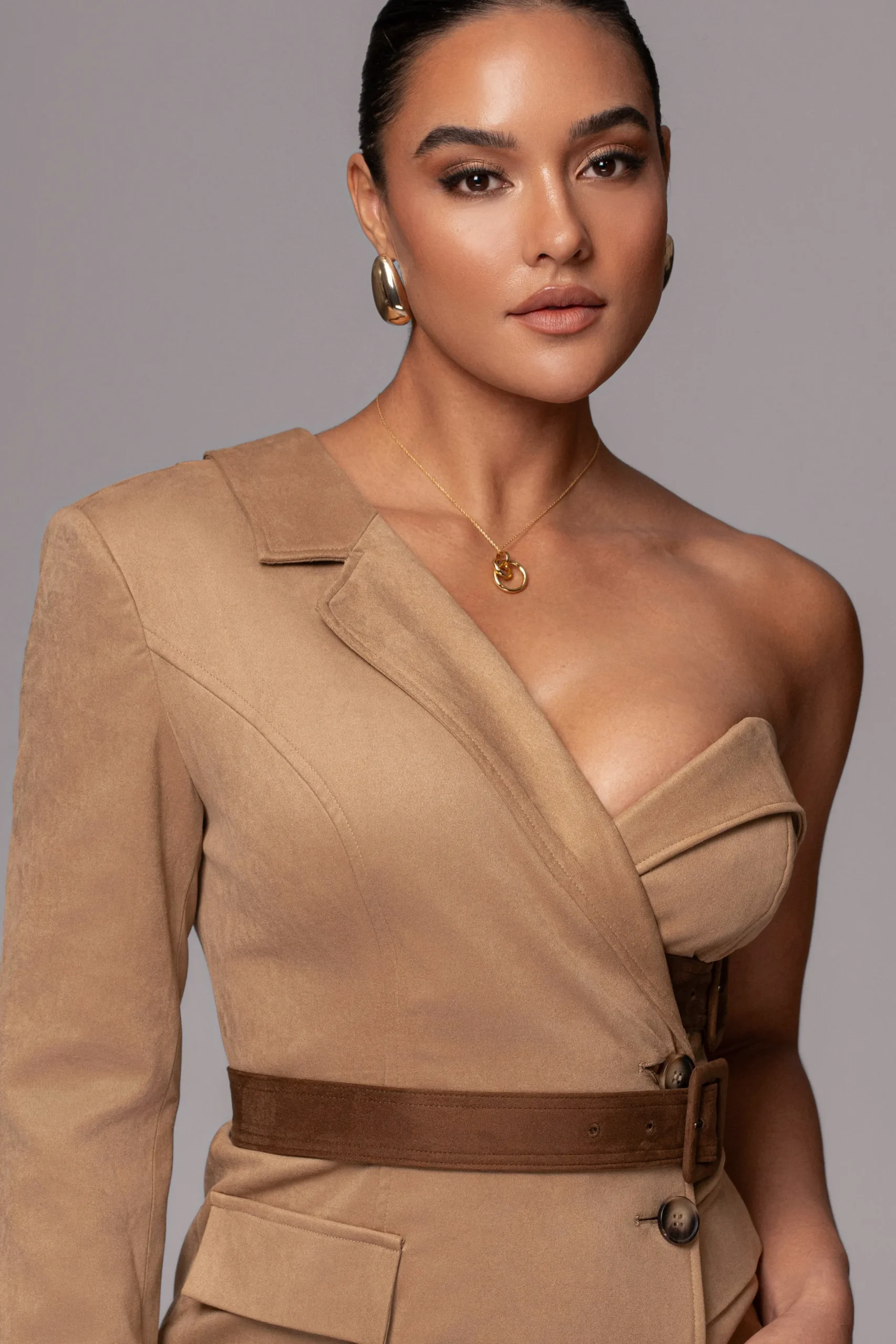 JLUXLABEL Beige One Shoulder Suede Blazer Dress