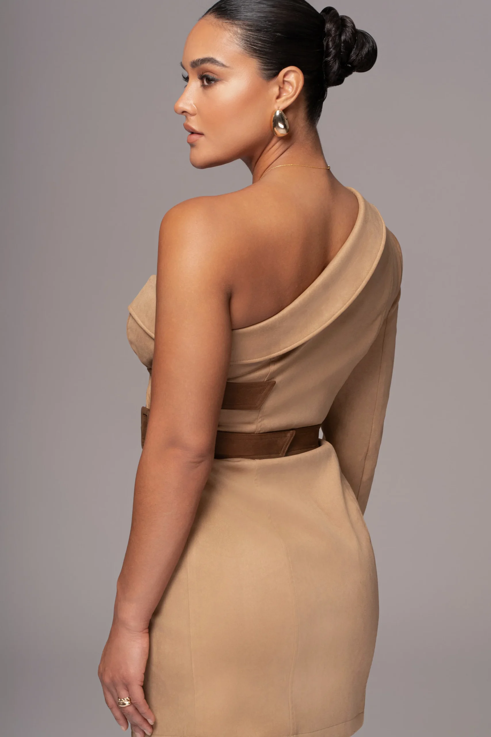 JLUXLABEL Beige One Shoulder Suede Blazer Dress
