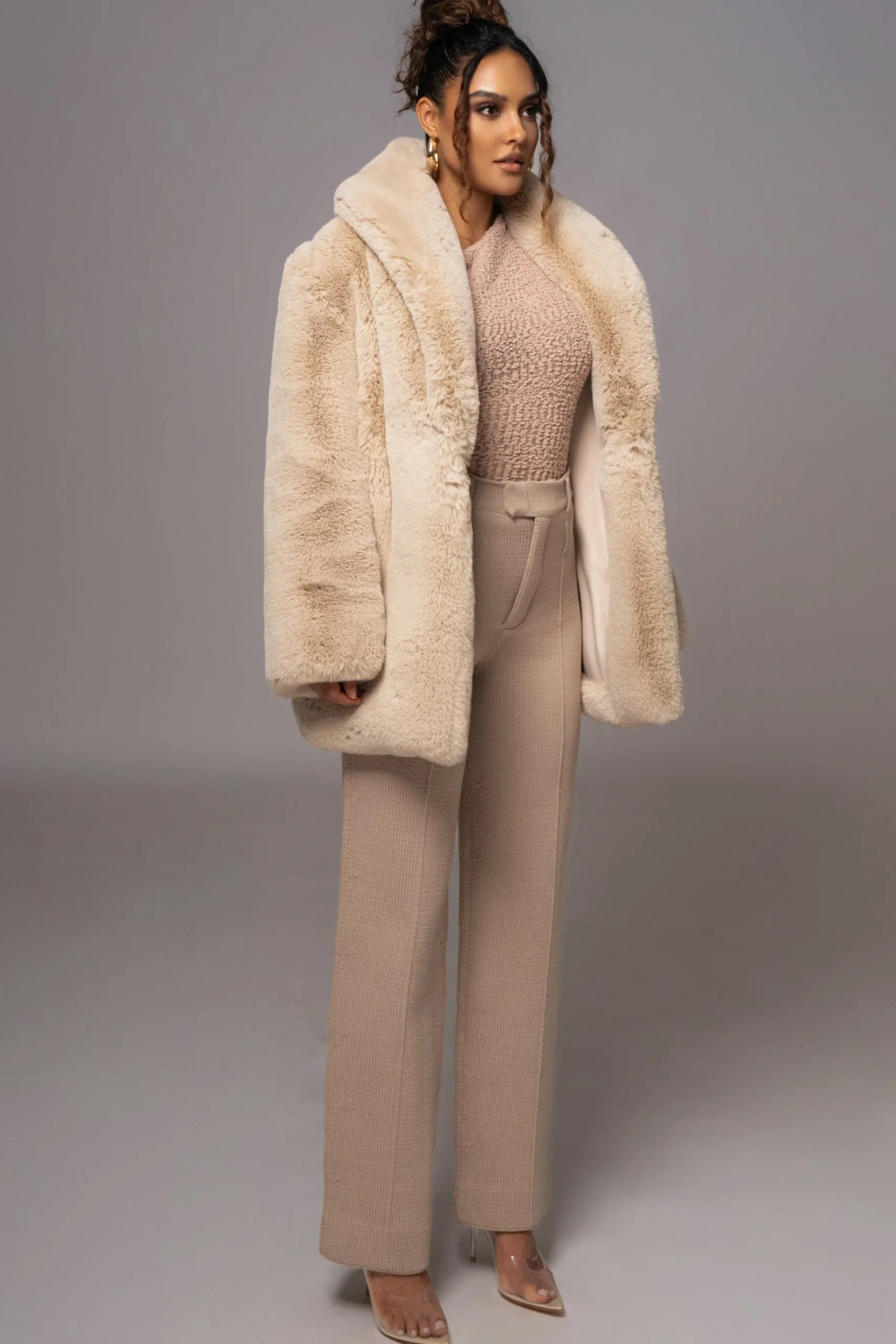 JLUXLABEL Beige Refined Faux Fur Oversized Coat