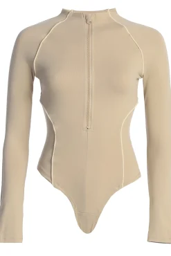 JLUXLABEL Beige Rise Up Zip Front Bodysuit