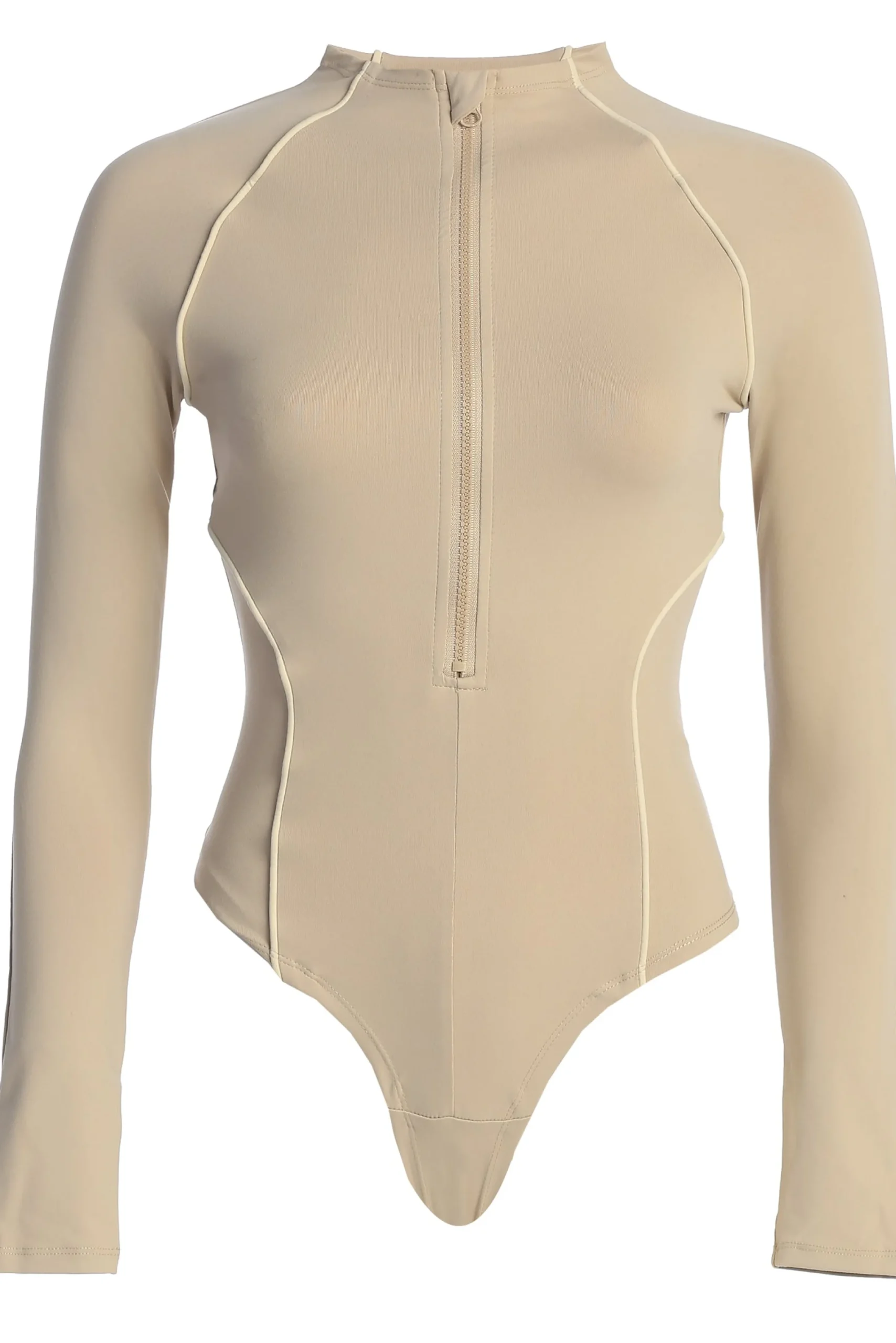 JLUXLABEL Beige Rise Up Zip Front Bodysuit