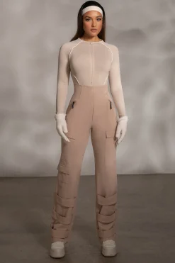 JLUXLABEL Beige Rise Up Zip Front Bodysuit