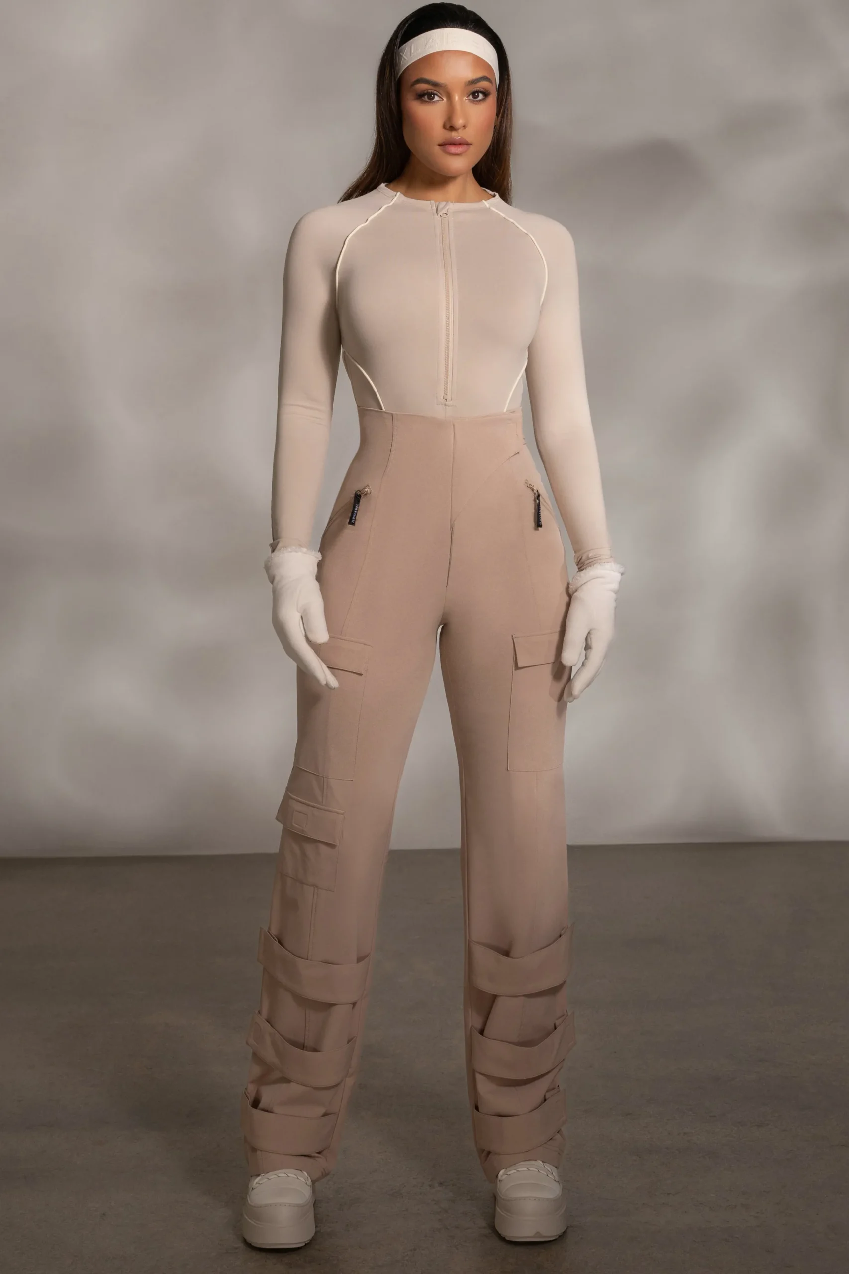 JLUXLABEL Beige Rise Up Zip Front Bodysuit