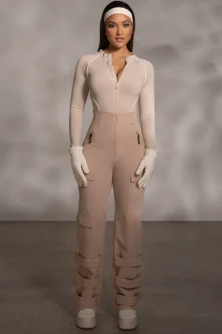 JLUXLABEL Beige Rise Up Zip Front Bodysuit