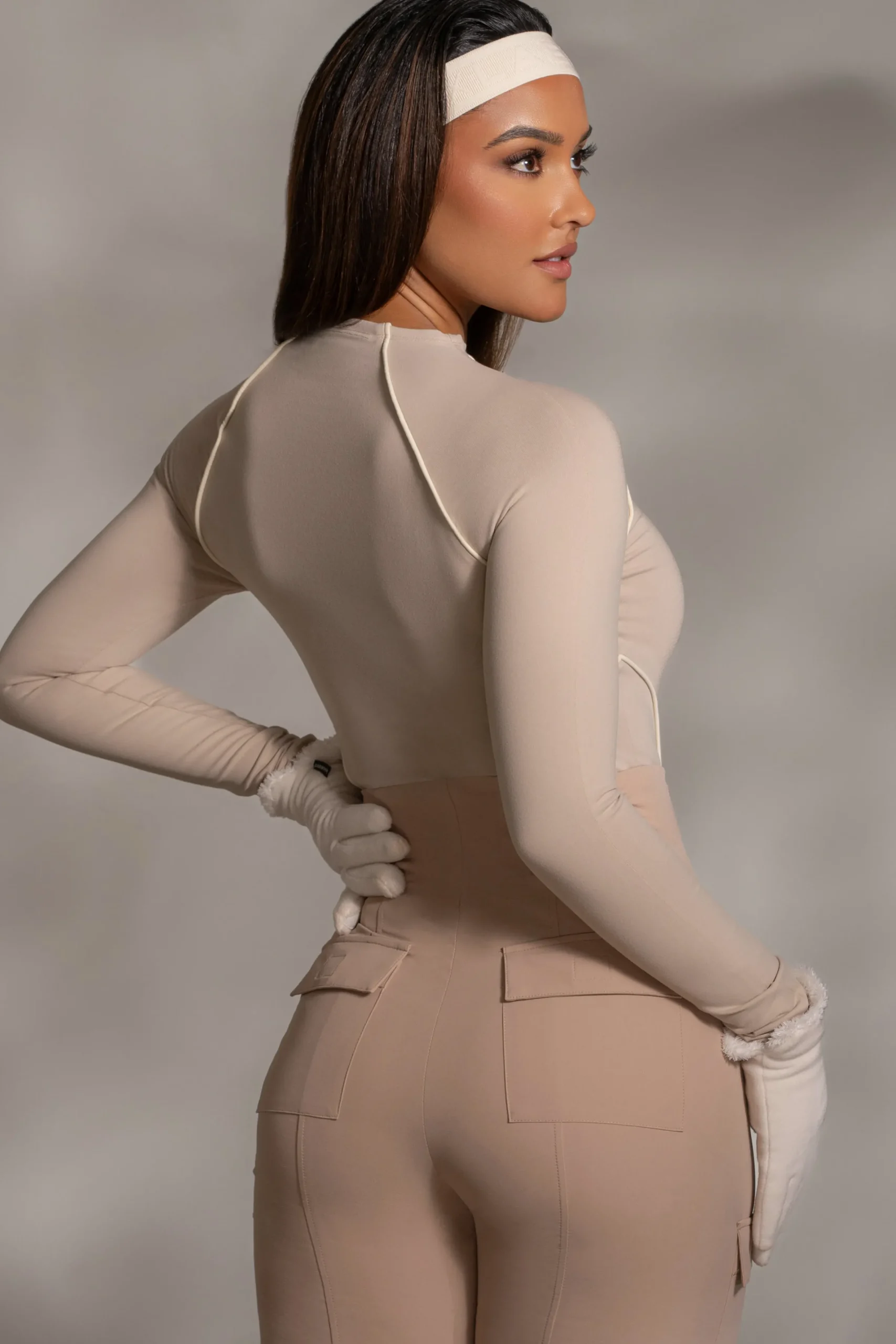 JLUXLABEL Beige Rise Up Zip Front Bodysuit