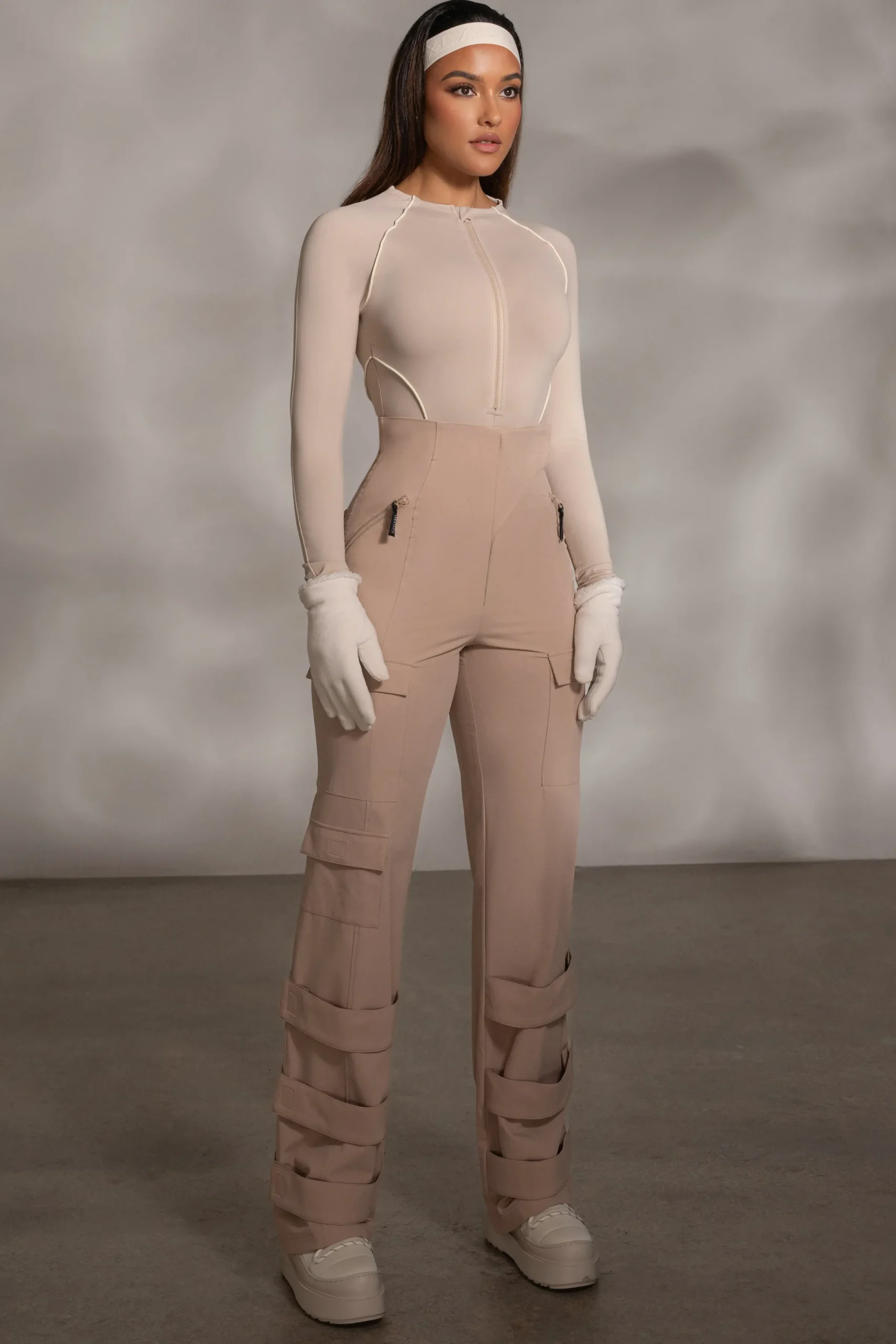 JLUXLABEL Beige Rise Up Zip Front Bodysuit