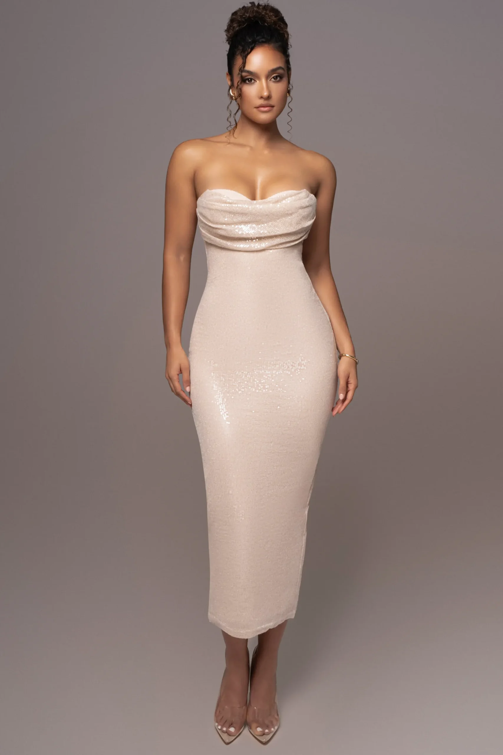 JLUXLABEL Beige Sequin Visions Of You Midi Dress