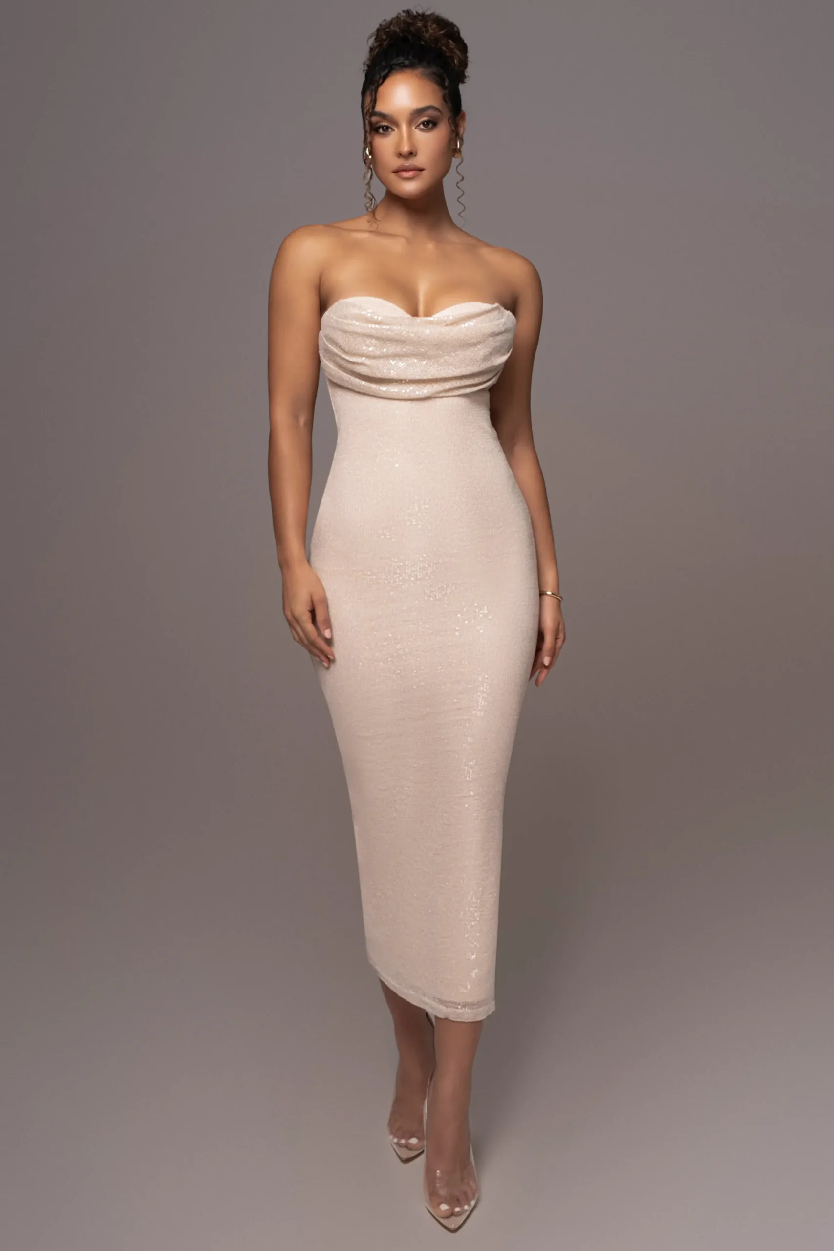 JLUXLABEL Beige Sequin Visions Of You Midi Dress