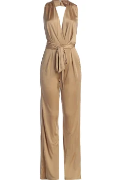 JLUXLABEL Beige Slinky Halter Belted Jumpsuit
