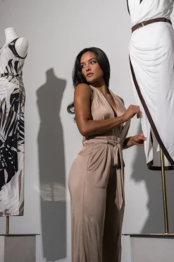JLUXLABEL Beige Slinky Halter Belted Jumpsuit