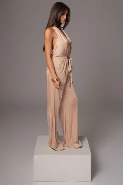 JLUXLABEL Beige Slinky Halter Belted Jumpsuit