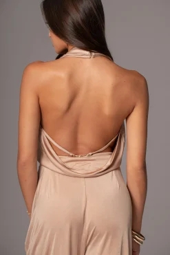 JLUXLABEL Beige Slinky Halter Belted Jumpsuit