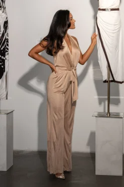 JLUXLABEL Beige Slinky Halter Belted Jumpsuit