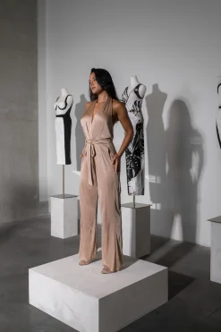 JLUXLABEL Beige Slinky Halter Belted Jumpsuit