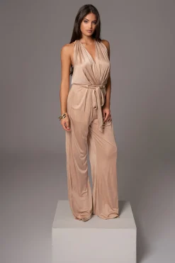 JLUXLABEL Beige Slinky Halter Belted Jumpsuit