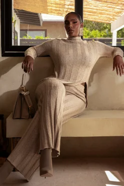 JLUXLABEL Beige Take A Chance Ribbed Pant Set