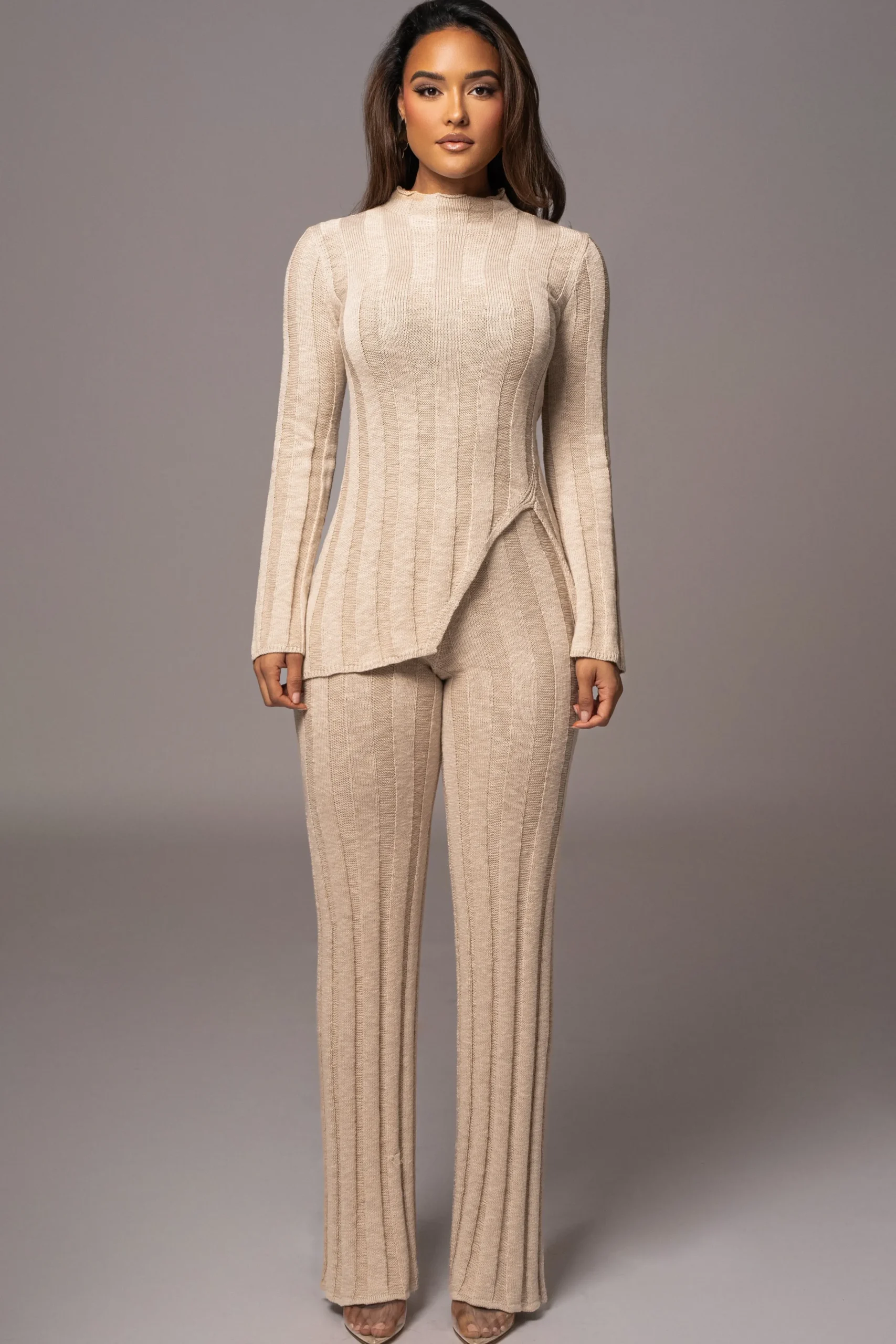 JLUXLABEL Beige Take A Chance Ribbed Pant Set