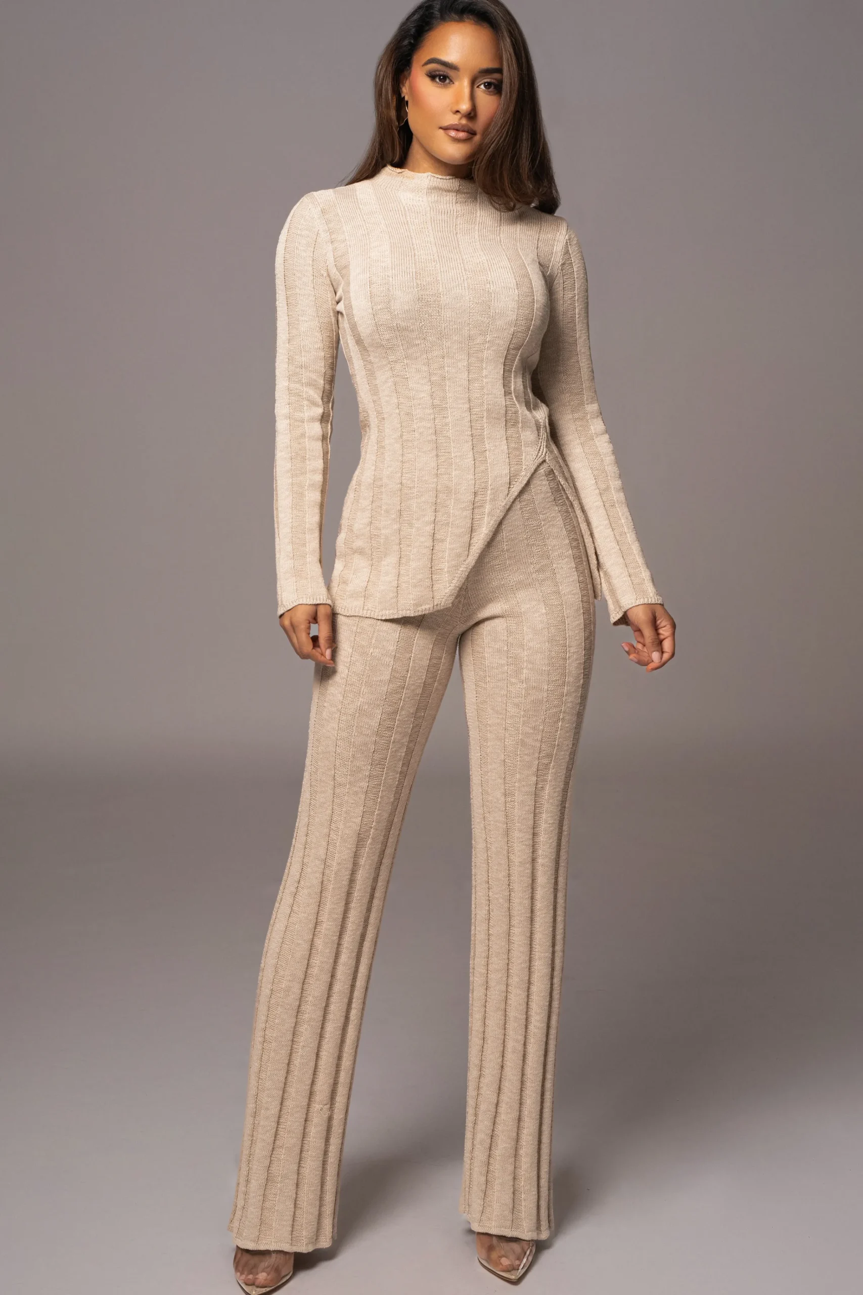 JLUXLABEL Beige Take A Chance Ribbed Pant Set
