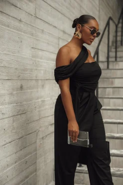JLUXLABEL Black Asymmetrical Draped Trousers