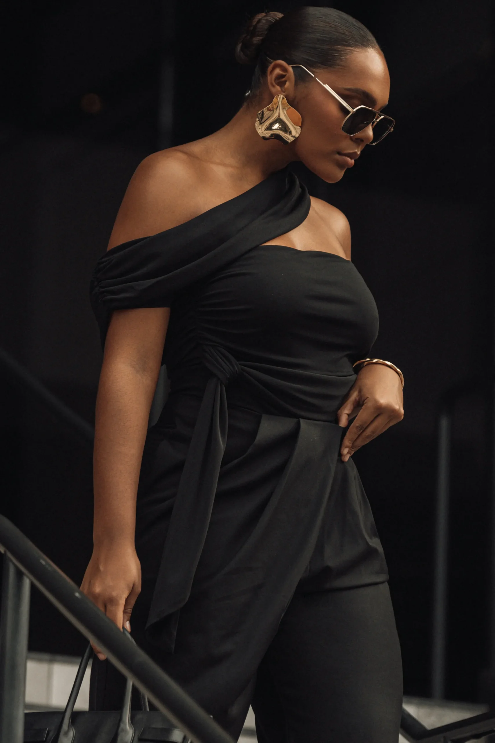 JLUXLABEL Black Asymmetrical Draped Trousers