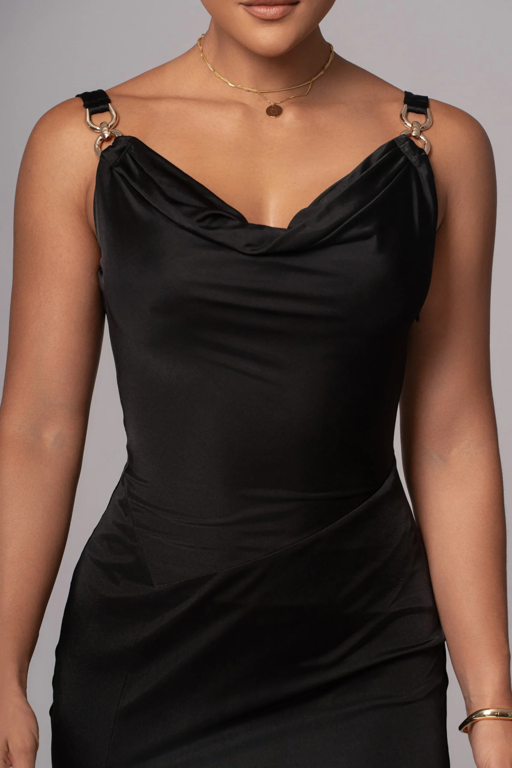 JLUXLABEL Black Cowl Neck Chain Dress