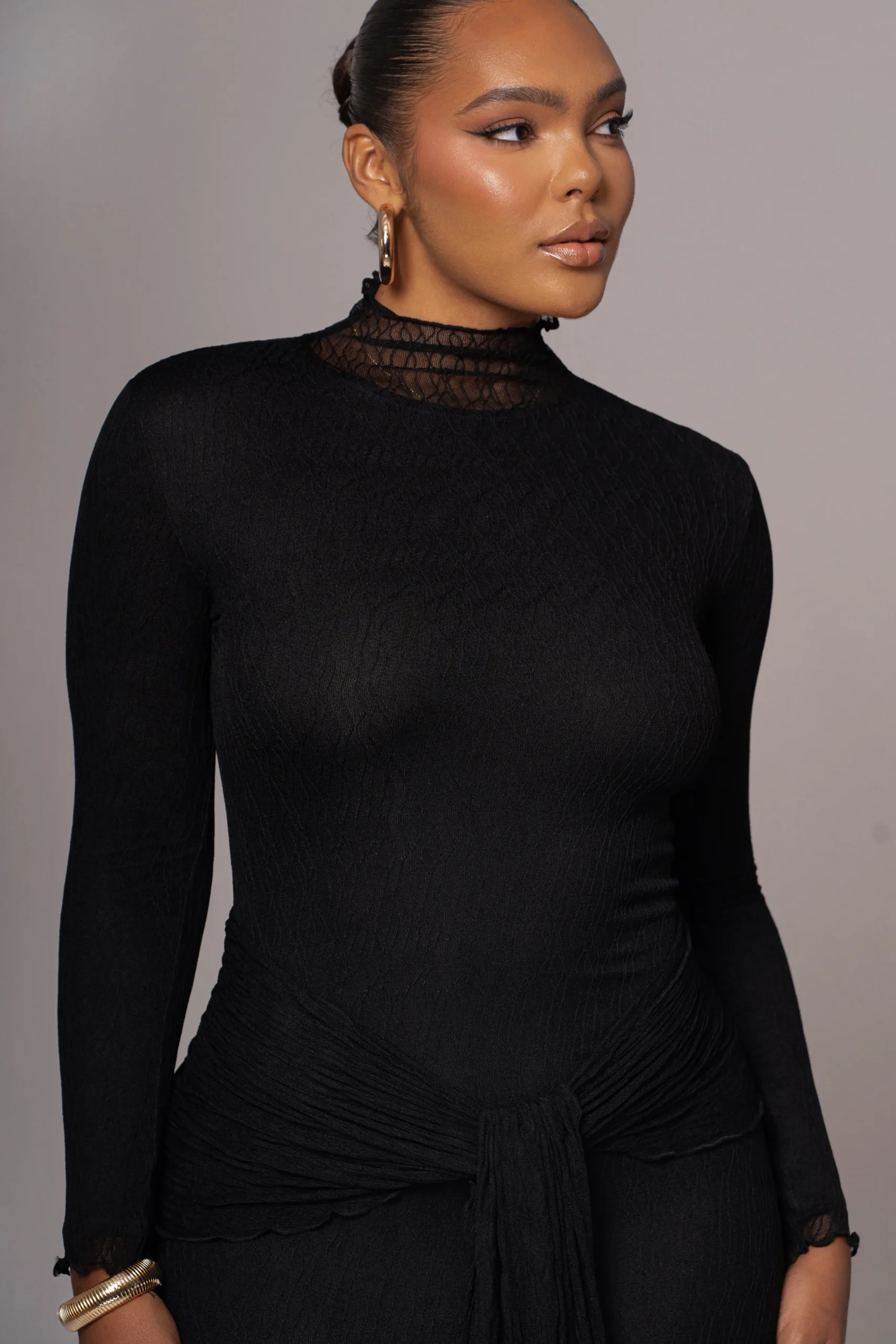 JLUXLABEL Black Drape Mock Neck Dress