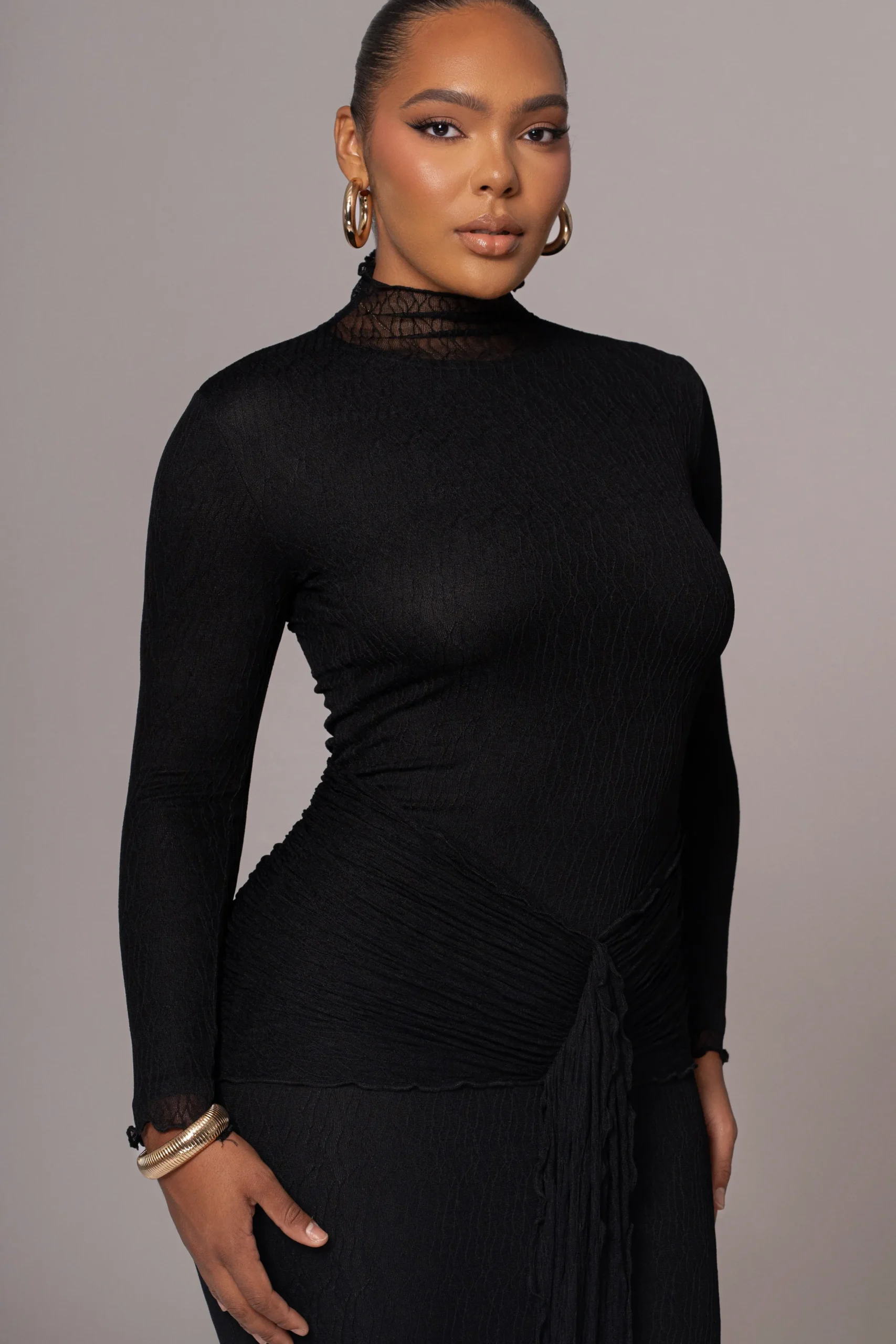 JLUXLABEL Black Drape Mock Neck Dress