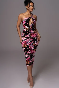 JLUXLABEL Black Floral Jess Ruched Midi Dress