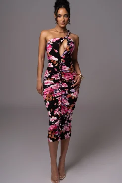 JLUXLABEL Black Floral Jess Ruched Midi Dress