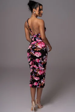 JLUXLABEL Black Floral Jess Ruched Midi Dress