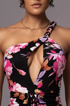 JLUXLABEL Black Floral Jess Ruched Midi Dress