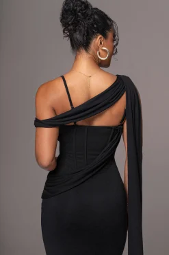 JLUXLABEL Black Grand Entrance Drape Dress
