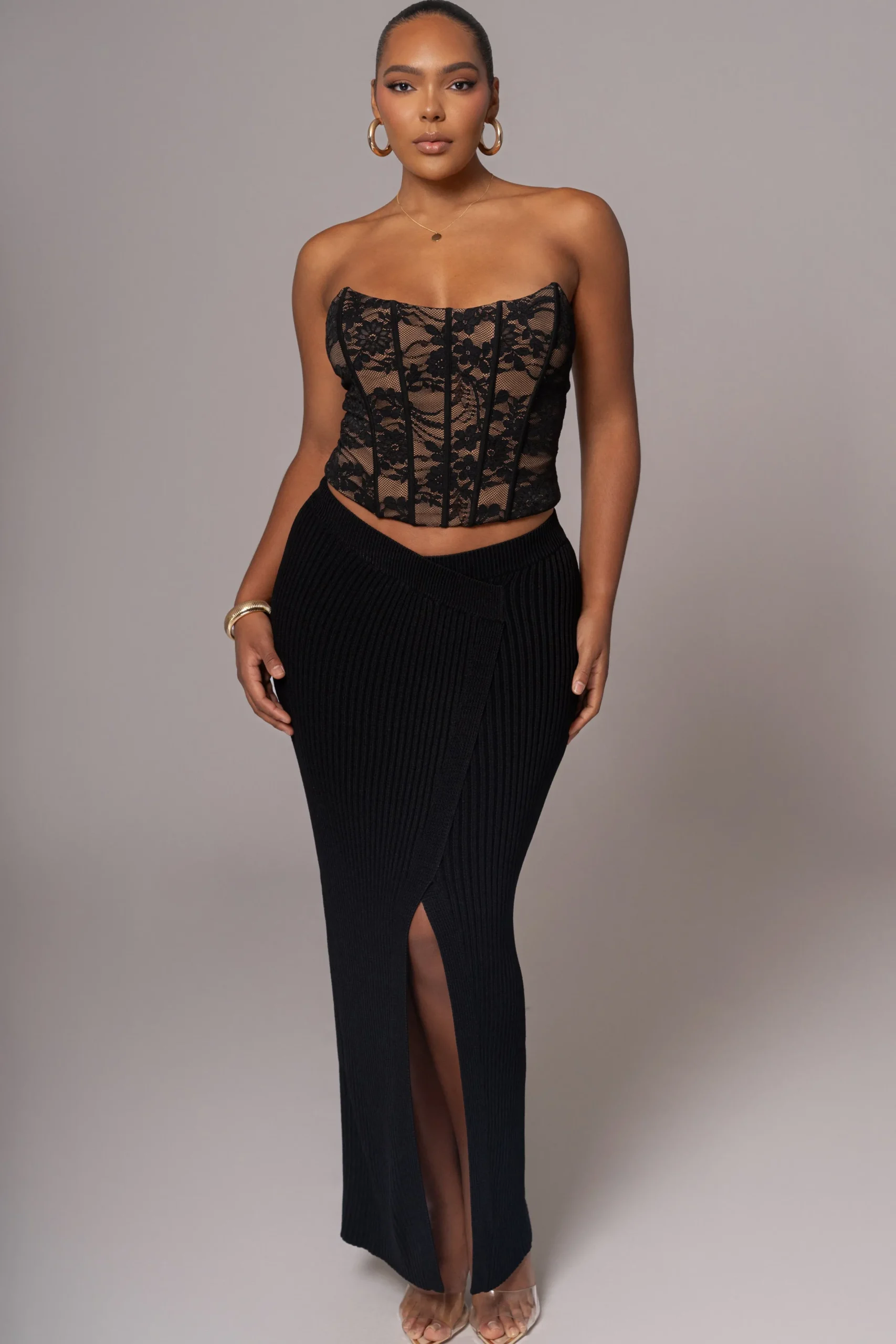 JLUXLABEL Black Hamptons Ribbed Slit Skirt