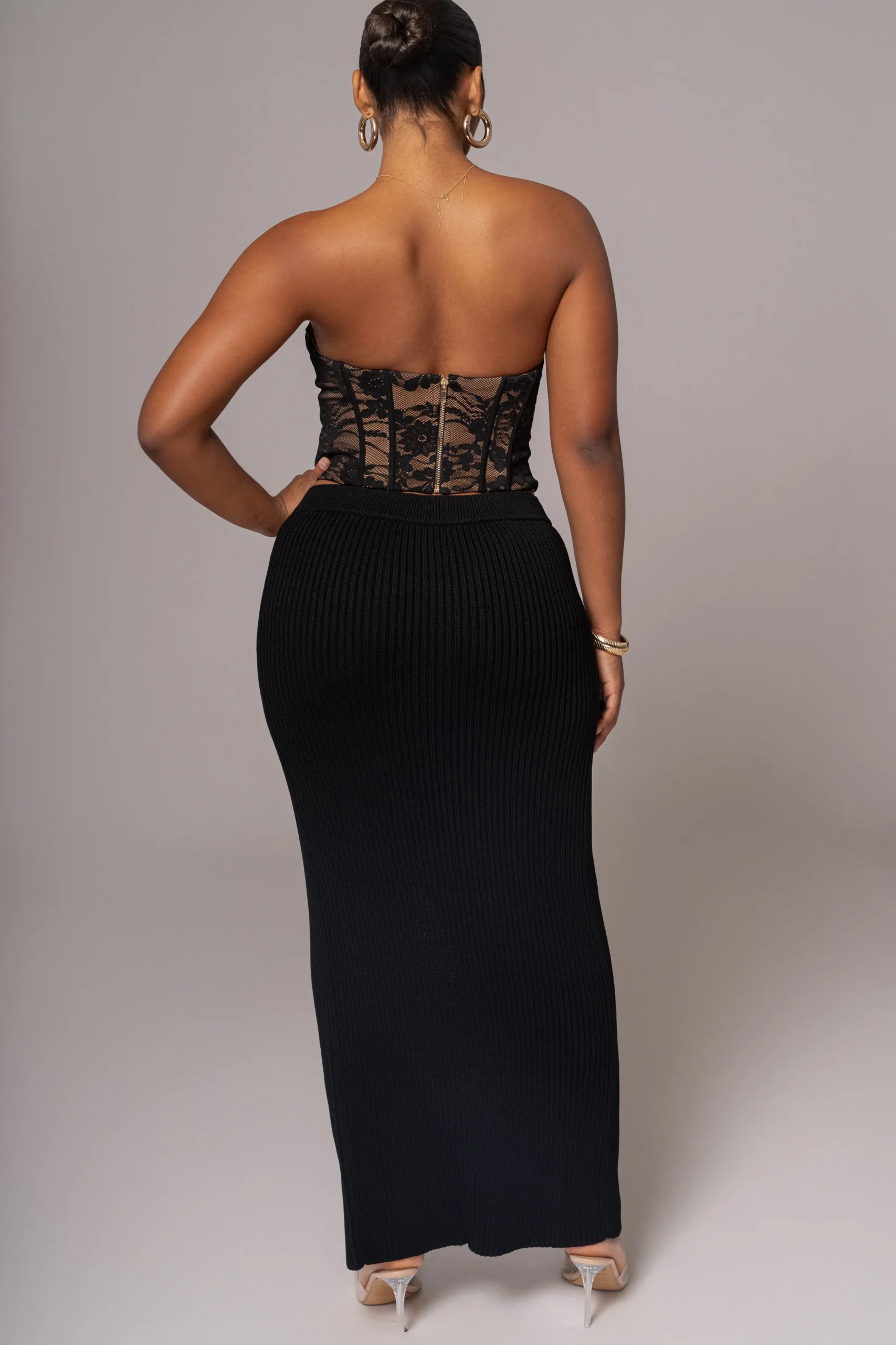 JLUXLABEL Black Hamptons Ribbed Slit Skirt
