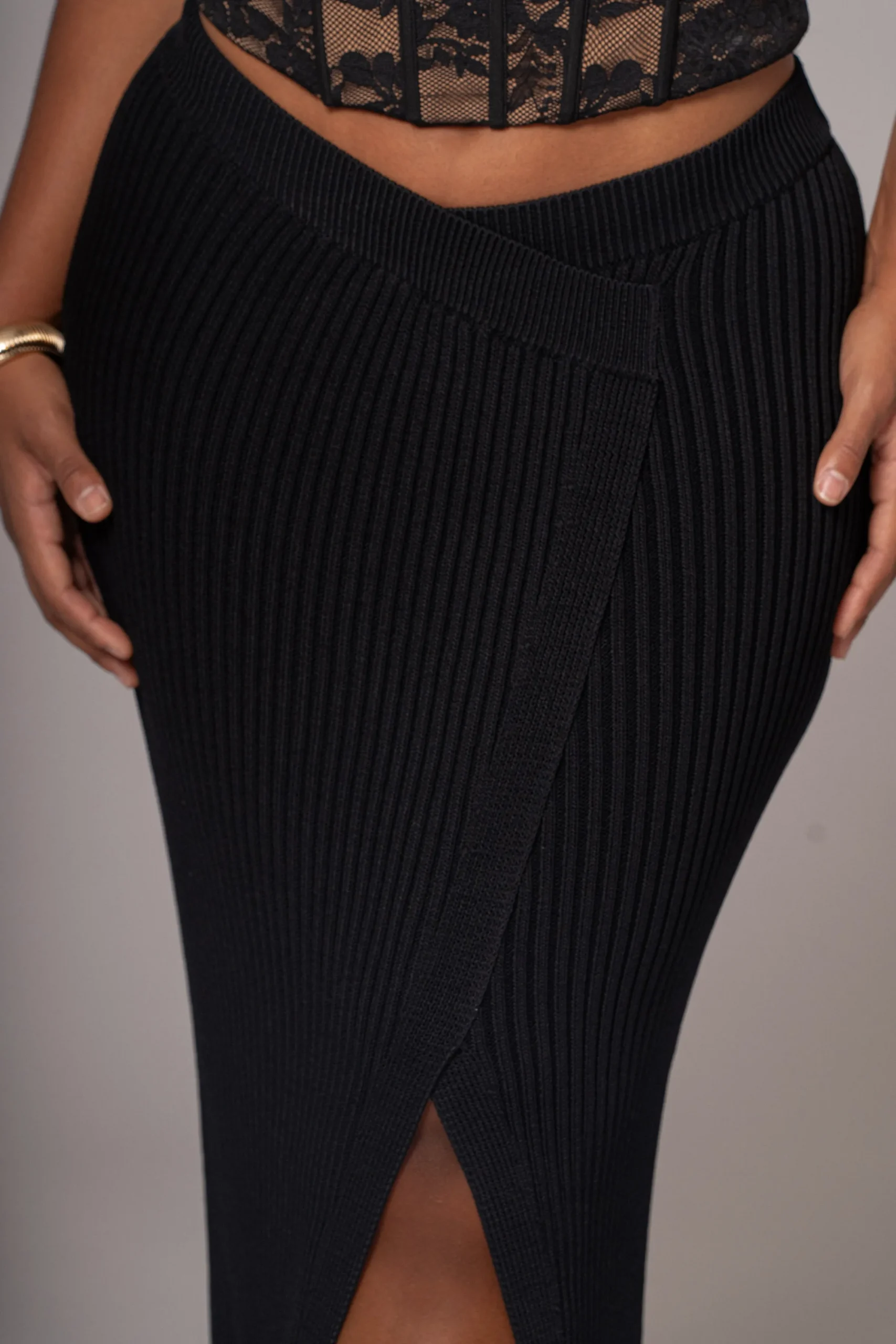 JLUXLABEL Black Hamptons Ribbed Slit Skirt