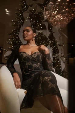 JLUXLABEL Black Lace Sweetheart Maxi Dress