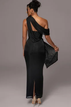JLUXLABEL Black Metallic Celestina Draped Maxi Dress
