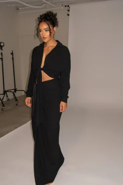 JLUXLABEL Black Noelia Linen Slit Skirt